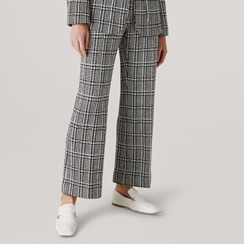 St.John/盛薔黑白羊毛格子呢闊腿西裝長褲女士休閑褲K811091