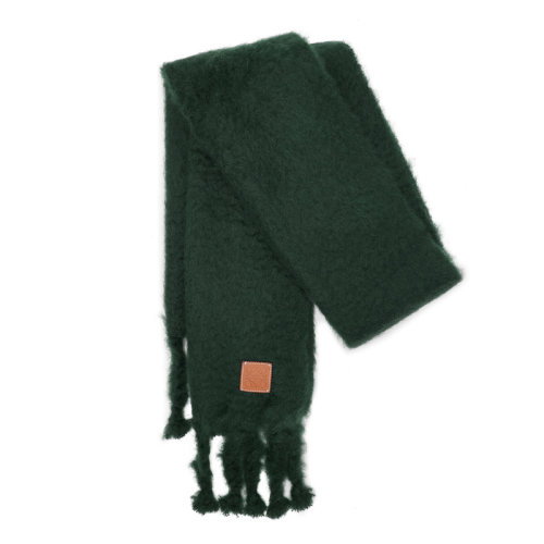 LOEWE/羅意威 女士墨綠色馬海毛混紡羊毛經(jīng)典徽標(biāo)貼飾末端流蘇披肩圍脖圍巾 F000487X28-4110