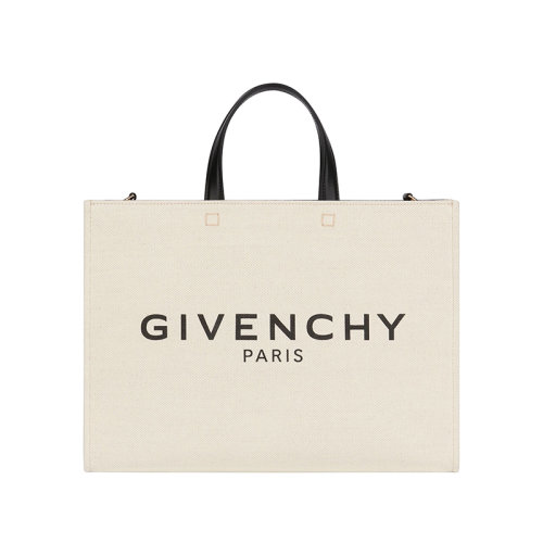 Givenchy/紀(jì)梵希 22新款 Cabas G系列 女士中號(hào)米色棉麻帆布黑色字母標(biāo)志提花帆布拆卸寬肩帶皮革手柄金色飾面單肩手提包BB50N2B1DR-255
