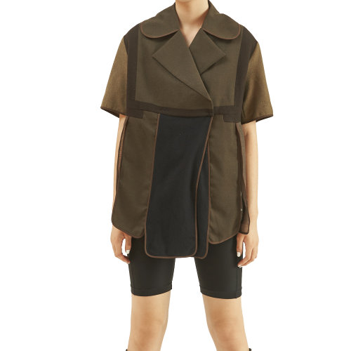 19年秋冬款nisiss/怡夕短款落肩拼接開衩短袖風(fēng)衣女士風(fēng)衣n122ad02