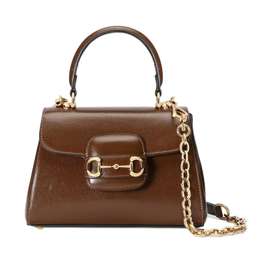 GUCCI/古馳 22新款Horsebit 1955系列 女士迷你淺棕色皮革馬銜扣金扣金鏈單肩手提T型鏈條包703848AAA7G2361
