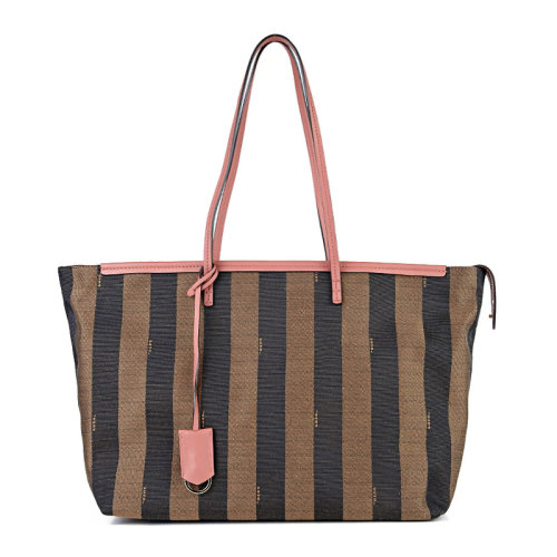 Fendi/芬迪 女士織物配皮經(jīng)典條紋大號手提包單肩包