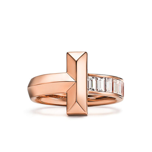 Tiffany & Co./蒂芙尼  T1系列 18K金玫瑰金長(zhǎng)方形切割鉆石戒指 GRP11683