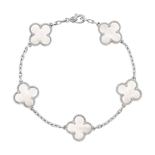 Van Cleef & Arpels/梵克雅寶 經(jīng)典Vintage Alhambra系列 18k金白金白色珍珠母貝5四葉草手鏈VCARF48400