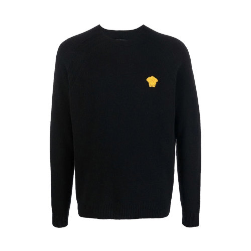 VERSACE/范思哲 男士黑色羊毛混紡羊絨標志貼片圓領套頭衫 10037021-A027491-B000