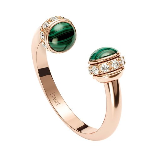 PIAGET/伯爵 經(jīng)典款POSSESSION時來運轉(zhuǎn)系列 18K金玫瑰金可轉(zhuǎn)動孔雀石鑲鉆開口戒指  G34P5D00