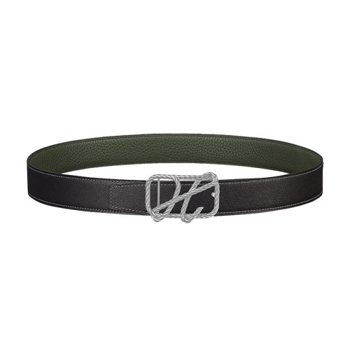 HERMES/愛馬仕 黑色/墨綠色荔枝紋小牛皮 男士雙面銀扣皮帶32毫米 H081676CK05/H073967CAAZ080