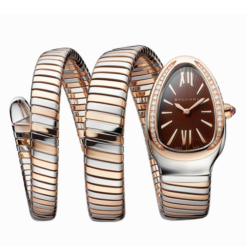 BVLGARI/寶格麗 精鋼表殼 18K金玫瑰金表圈和不銹鋼雙螺旋表帶 鑲嵌明亮式切割鉆石 棕色表盤 SERPENTI TUBOGAS石英手表 35毫米103070