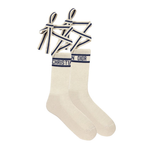 DIOR/迪奧 22年春夏新款 女士白色/海軍藍(lán)色棉質(zhì)混紡面料系帶中筒襪24SOC504C204_C019