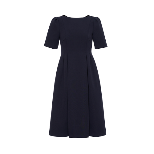 HUI/卉 女士連衣裙2020秋季新品藏青色連衣裙一字領(lǐng)泡泡袖設(shè)計中長裙