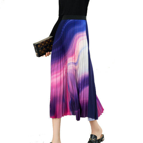 GeleiStory/GeleiStory 春夏新款漸變撞色半身裙女春松緊高腰A字中長(zhǎng)款百褶裙大擺裙子  女裝＞女士裙裝＞女士半身裙