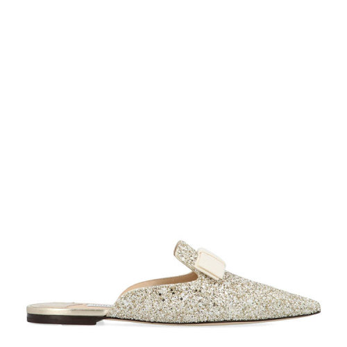 Jimmy Choo/周仰杰 女士米色金閃片蝴蝶結(jié)平跟鞋 GALAXYFLATTIT