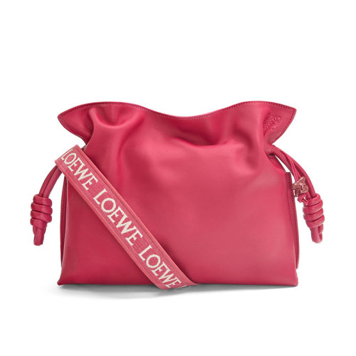 LOEWE/羅意威 23春夏新款 Flamenco系列 女士寶石紅釉納帕小牛皮配同色金屬配件提花表帶瓷兔子吊飾拉繩收緊單肩斜挎手拿包A411FC1X83-8603