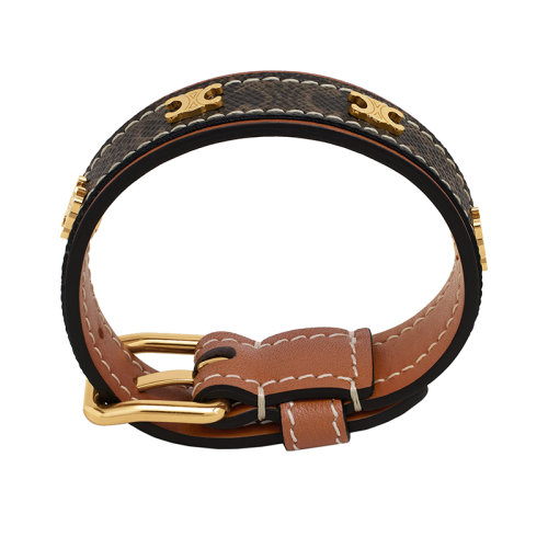 CELINE/賽琳 22新款 TRIOMPHE系列 男女同款金色棕色老花皮革金扣手鏈46Z893TOE.04GT