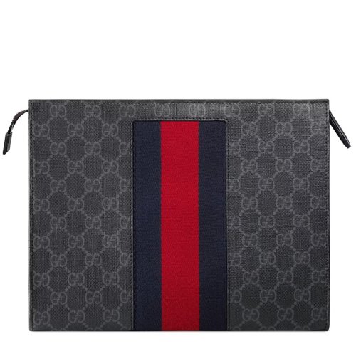 GUCCI/古馳 男士黑色/灰色經(jīng)典老花帆布紅色藍色織帶細節(jié)拉鏈開合手拿包475316KHN4C1095