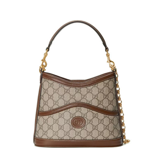 GUCCI/古馳 22新款 女士米色/烏木色帆布配棕色皮革細(xì)節(jié)金扣金鏈單肩斜跨手提鏈條包69601192TCG8563