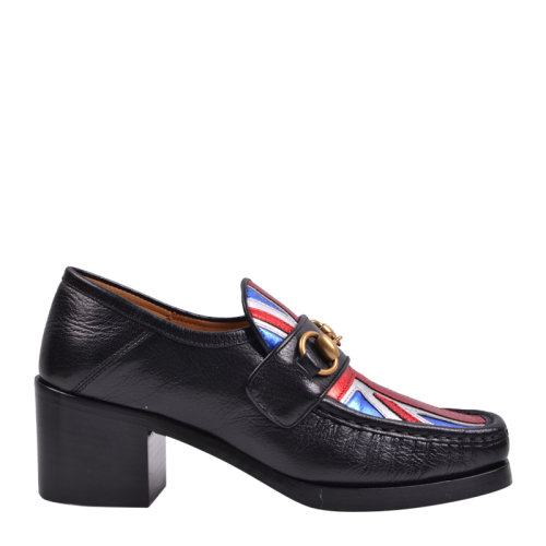 GUCCI/古馳 女士黑色牛皮 國旗圖案 方頭復(fù)古粗跟鞋 6cm 452773 D3VQ0 1063 女鞋