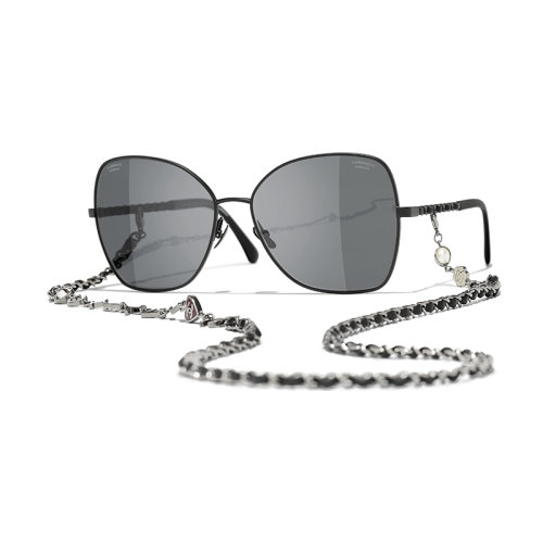 Chanel/香奈兒 22年春夏新款 女士灰色鏡片黑色金屬與小牛皮鏡框飾鏈條蝴蝶形太陽眼鏡墨鏡A71446X27389L1128