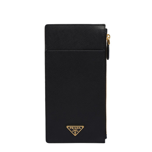 PRADA/普拉達(dá) 22年新款 女士黑色Saffiano皮革三角金標(biāo)垂直款卡夾 1MB025_QHH_F0002