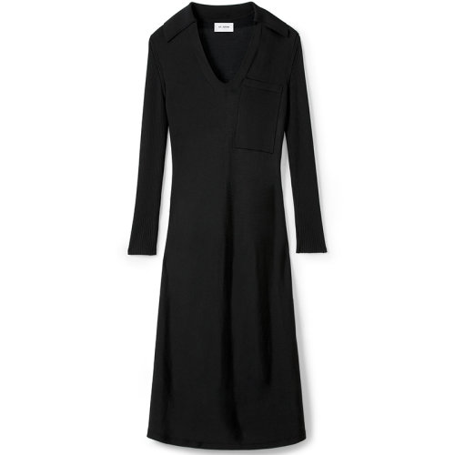 【21春夏新款】St. John/盛薔黑色V領針織長袖長款女士連衣裙K1130N1