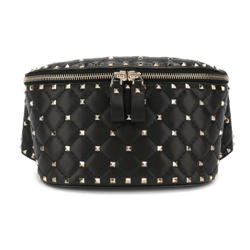 Valentino/華倫天奴  女包女士黑色皮革時尚百搭鉚釘裝飾雙向拉鏈腰包  RW2B0B45NAP 0NO