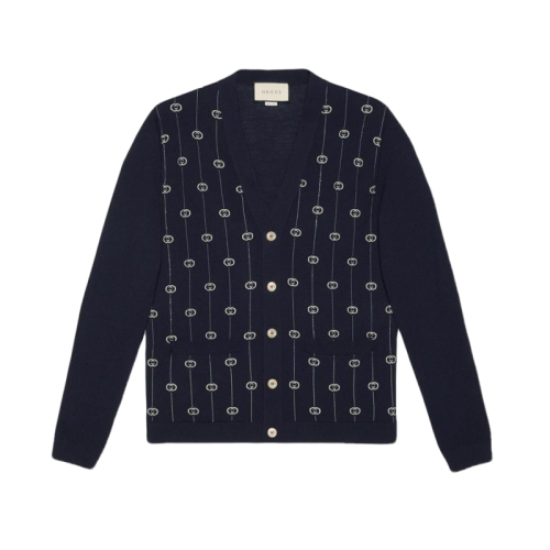 GUCCI/古馳  古琦男裝 經(jīng)典雙G 男士深藍(lán)色羊毛時(shí)尚V領(lǐng)秋冬針織衫/毛衣 576901 XKAUM 4650