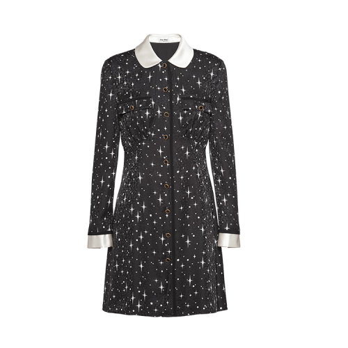 MiuMiu/繆繆 黑色 女士通體星星緞面提花娃娃領(lǐng)連衣裙 MF3559_1V7D_F0002