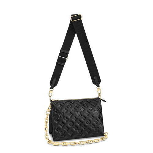 Louis Vuitton/路易威登  COUSSIN系列 女士PM款黑色會(huì)標(biāo)壓紋小羊皮牛皮飾邊拉鏈開(kāi)合斜挎單肩手拿包M57790