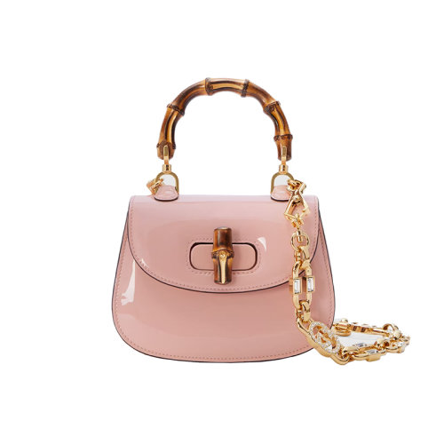 GUCCI/古馳 23春夏新款 Bamboo 1947系列 女士迷你淺粉色漆皮金色飾面竹節(jié)手柄帶水晶細(xì)節(jié)拆卸鏈?zhǔn)郊鐜渭缡痔岚?24641AABCE6942