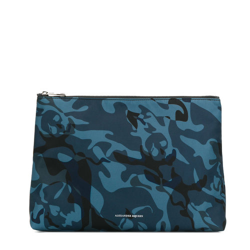 Alexander McQueen/亞歷山大麥昆  男包 迷彩圖案 男士藍(lán)色尼龍時尚拉鏈?zhǔn)帜冒?5066439KD0N4006