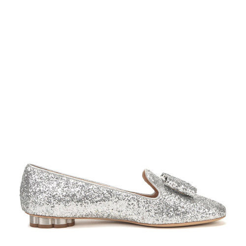 Salvatore Ferragamo/菲拉格慕 女士亮片布花卉造型鞋跟蝴蝶結平底鞋 0695193