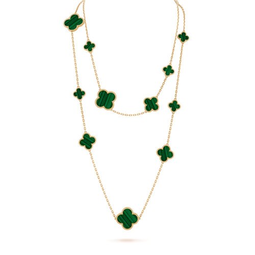 Van Cleef & Arpels/梵克雅寶 經典MagicAlhambra系列 18K金黃金鑲嵌尺寸不同孔雀石四葉草長款毛衣鏈項鏈VCARO2AF00