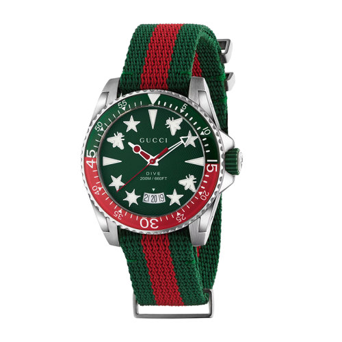 GUCCI/古馳  Dive系列 男女同款綠色表盤(pán)石英機(jī)芯精鋼表殼和聚酯纖維織帶表帶腕表40毫米663954I18M06421