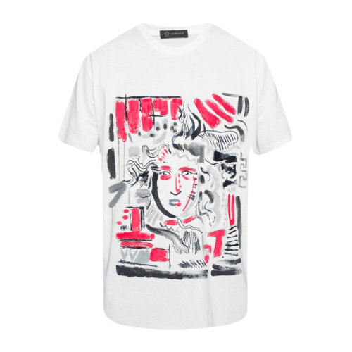 VERSACE/范思哲 男士白色棉質(zhì)經(jīng)典美杜莎頭像印花裝飾圓領(lǐng)短袖上衣T恤 A78026-A222529-A001