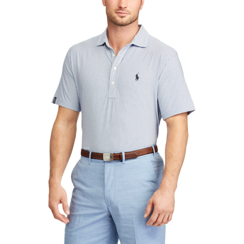 Ralph Lauren/拉夫勞倫 男士 時尚休閑 POLO GOLF系列繡小馬標(biāo)修身豎條紋圖案針織短袖POLOT恤 474340