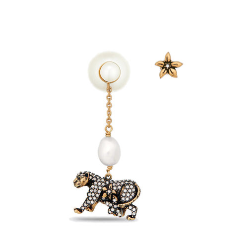 DIOR/迪奧 22新款 女士仿古金色金屬花朵配白色淡水珍珠/樹脂珠水晶鑲嵌老虎吊飾耳環(huán)E2100WOMCY_D09S