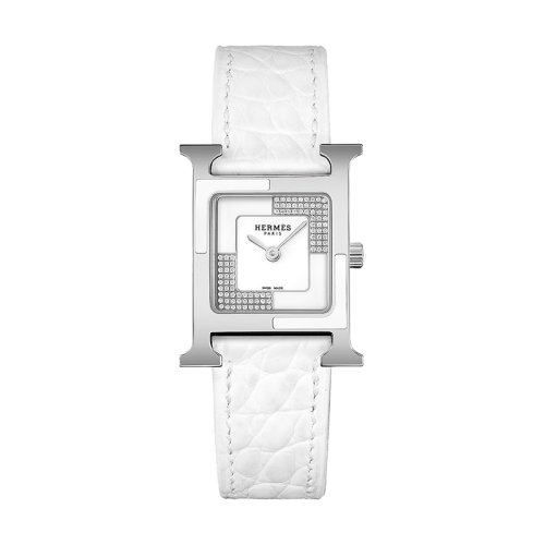 HERMES/愛馬仕      Heure H系列 女士石英機芯白色漆面鑲鉆表盤精鋼表殼和鱷魚皮表帶腕表21X21毫米W053244WW00