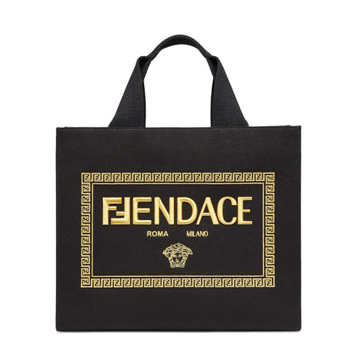FENDI/芬迪 22新款 女士Fendace聯(lián)名款小號(hào)黑色帆布徽標(biāo)刺繡單肩手提購(gòu)物袋8BH395AJIAF0FQV