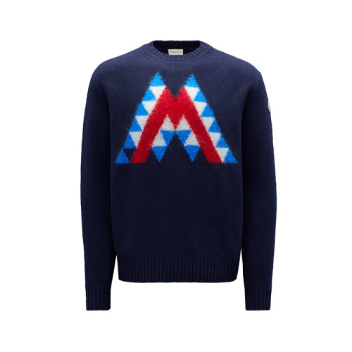 Moncler/蒙克萊 22年秋冬新款 男士海軍藍(lán)色羊毛和馬海毛混紡M圖案針織衫毛衣H20919C00008M2024769