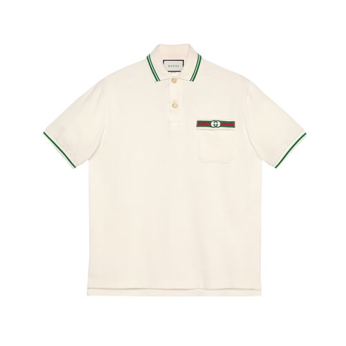 GUCCI/古馳 22年春夏新款 男士水洗白色純棉飾織帶和互扣式雙G短袖polo衫628339XJCQR9061