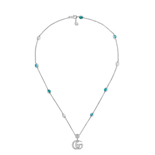 GUCCI/古馳 經(jīng)典925銀雙G白色珍珠母貝綠松石藍(lán)色托帕石點綴復(fù)古項鏈?527399J84748517