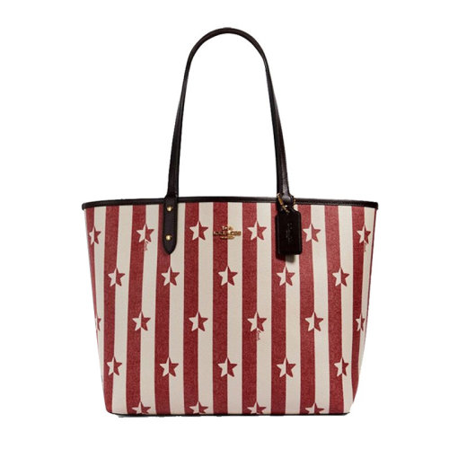 COACH/蔻馳【奧萊款】女士紅白條紋PVC/配皮星星圖案雙面托特包手提包單肩包女包 F2861IMRCR