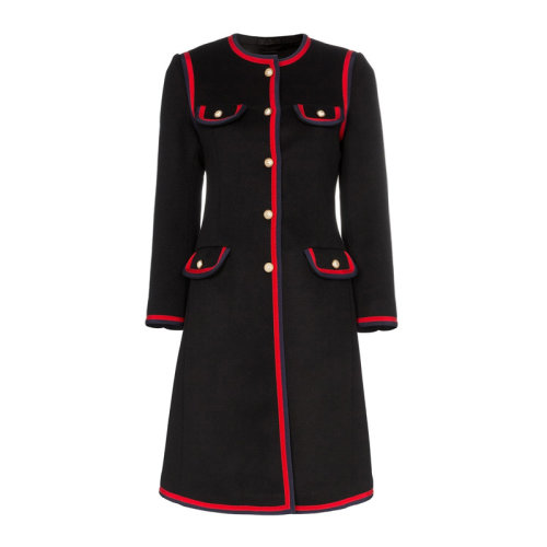 GUCCI/古馳  女裝 服飾 黑色配紅邊羊毛長款大衣