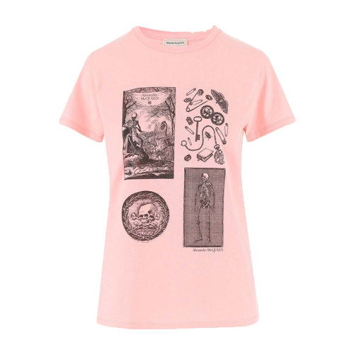 Alexander McQueen/亞歷山大麥昆   時(shí)尚百搭 骷髏頭拼貼畫 女士粉色短袖T恤 651373QZACK0614  HKY210303
