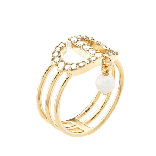 DIOR/迪奧 PETIT CD系列 鍍金金屬鏤空鑲嵌白色水晶CD白色樹脂珍珠戒指指環(huán)R1049PTCCY_D301