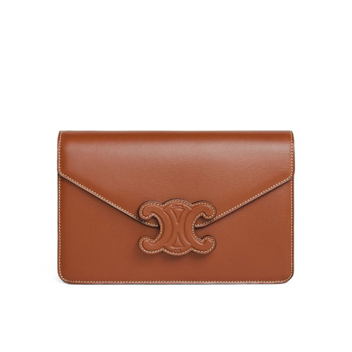 CELINE/賽琳 22新款 TRIOMPHE系列 女士褐色小牛皮同色系凱旋扣翻蓋開合單肩斜挎手提包10J733DPV.04LU