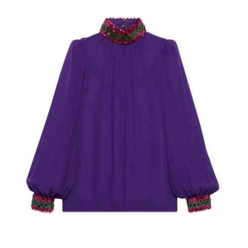  GUCCI古馳 22年秋冬 女士 飾亮片刺繡真絲喬其紗襯衫 672285 ZAG0F 5397