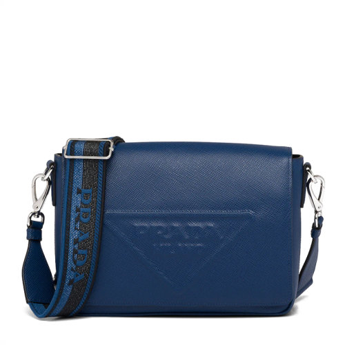 PRADA/普拉達 22年新款 男士深紫藍色Saffiano皮革徽標壓花銀扣配可拆卸刺繡織物皮革肩帶單肩斜挎包2VD046_2FAD_F00_V_OOO