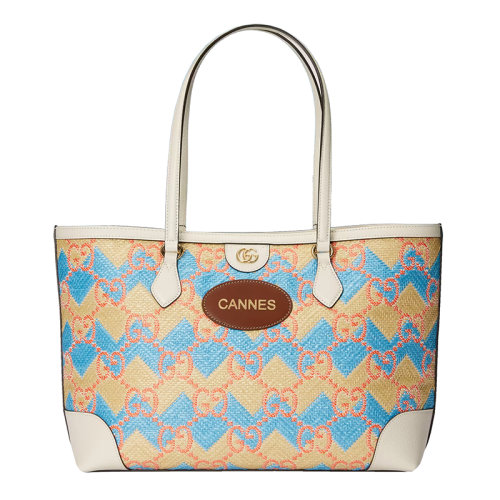 GUCCI/古馳 22新款 女士藍(lán)色/米色稻草效果面料配皮革GG老花Cannes字樣刺繡手提包托特包631685UYFGG8828