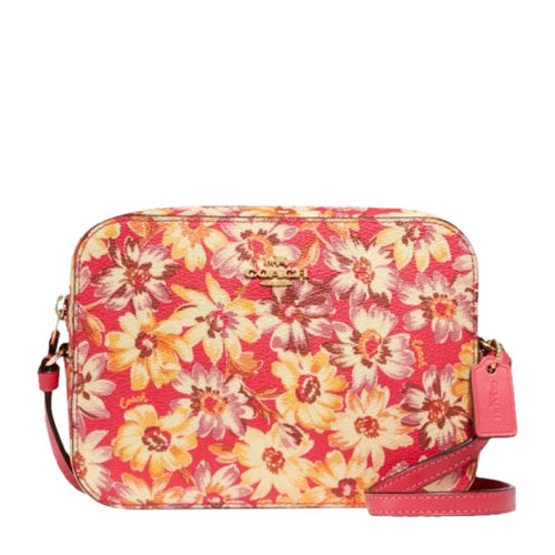 COACH/蔻馳 女士粉色涂層帆布配皮復(fù)古雛菊印花字母徽標(biāo)裝飾拉鏈開合單肩包斜挎包相機(jī)包女包 F3572IMPMC